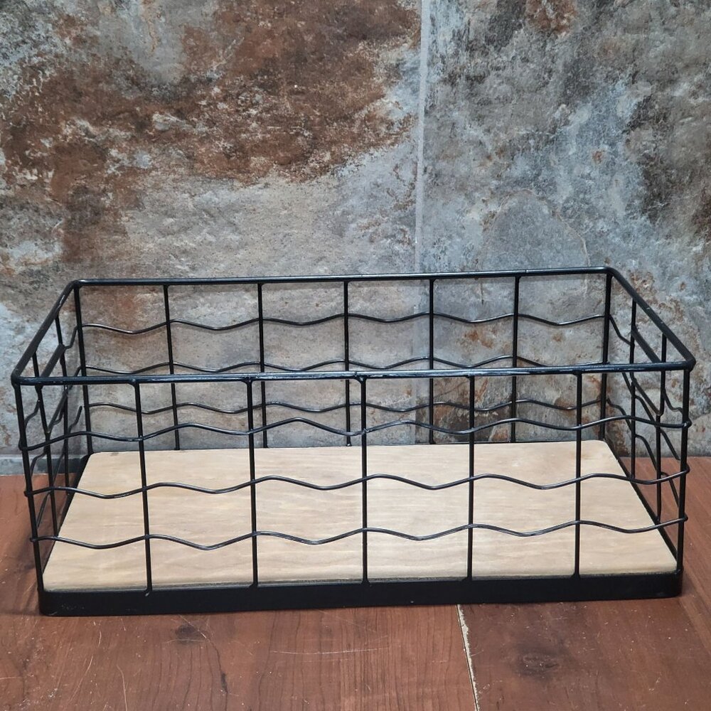 Decorative Black Wire Basket with Natural Wood Board Base